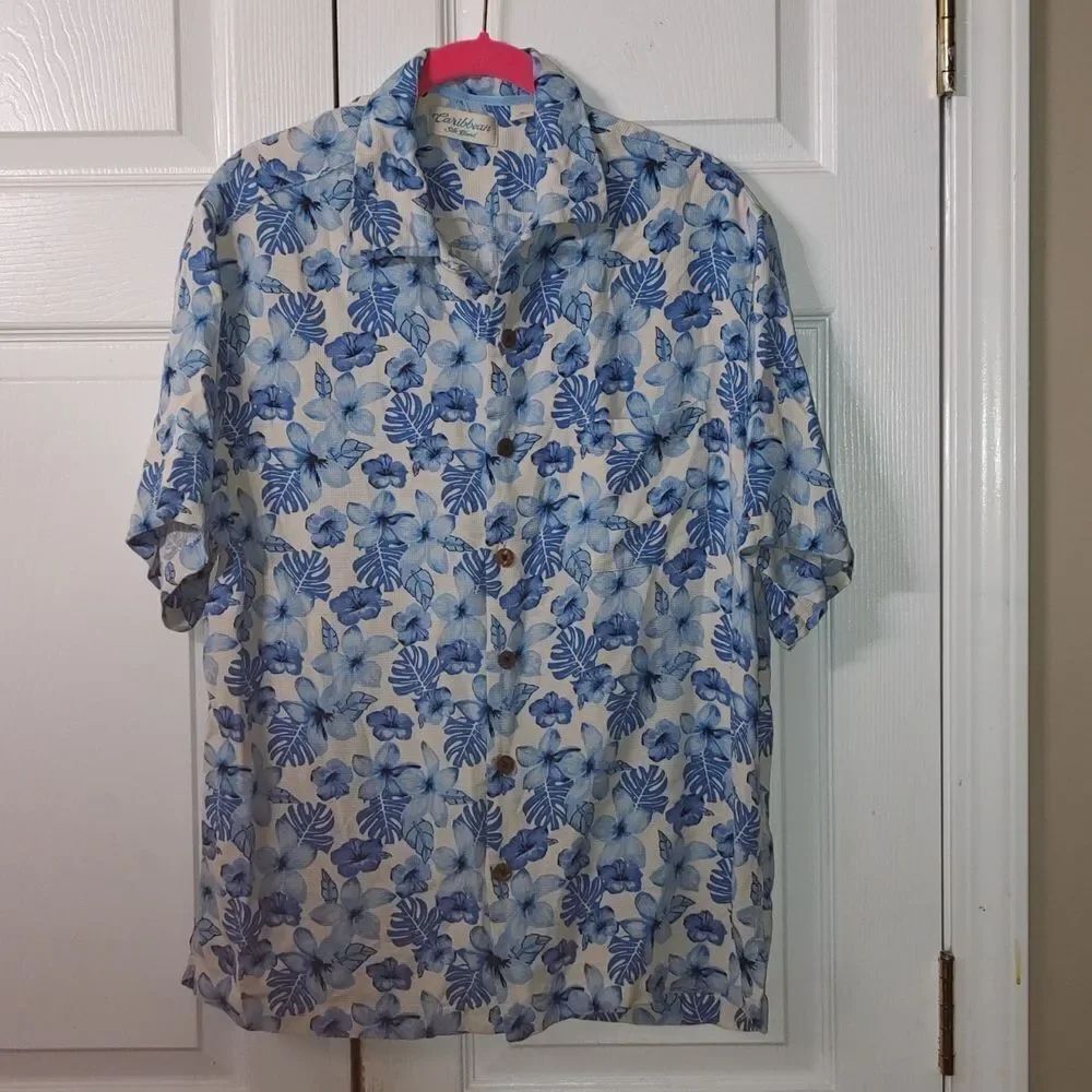 Caribbean Silk Blend hawaiian beachy ocean cruise button down shirt  Sz M